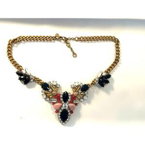Vintage J. Crew Gold Tone Red/Navy Blue Rhinestone Art Deco Statement Necklace
